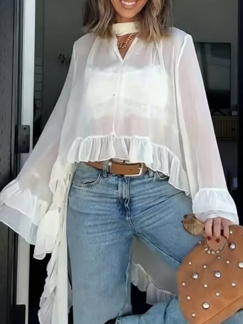 NEW! GORGEOUS FLOWY SEMI SHEER RUFFLE TRIM BOHO BLOUSE